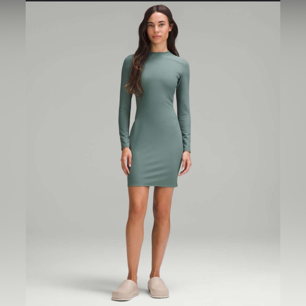 Nwt. Lululemon Ribbed Long Sleeve Dress - Size 8, Medium Forest